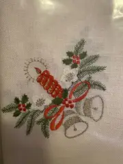 Vintage Christmas Holiday Embroidered Tablecloth Table Cloth White Linen 32"x32"