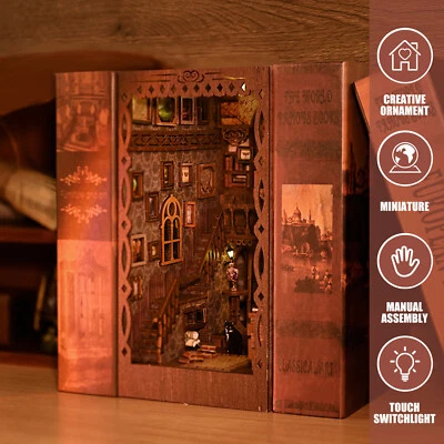 DIY Book Nook Kit 3D Wooden Puzzle Bookshelf Insert Decor with LED Light leTeZ
