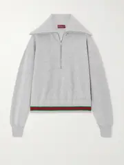 [Gucci] Gucci - Appliquéd Striped Cotton-jersey Half-zip Sweatshirt - Gray - S S Gray