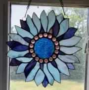 Set of 2 Tiffany Style Stained Blue Floral Flower Glass Window Panel Suncatcher