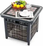 Costway 55cm Outdoor PE Rattan Side Table, All Weather Patio End Table with Resin Checkerboard Designed Tabletop for Entertainment, Umbrella Hole, Metal Frame, Outdoor Coffee Table for Backyard
