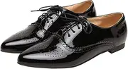 [SHEMEE] Women's Patent Leather Pointed Toe Flat Oxfords Pumps Vintage Wingtip Low Heels Lace Up Retro Brogues Dress Shoes