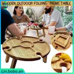 WOODEN OUTDOOR FOLDING PICNIC TABLE WITH GLASS HOLDER ROUND