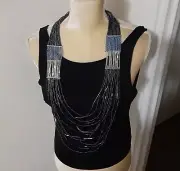 NWT Chico's Simona navy silver tone statement necklace seed beads