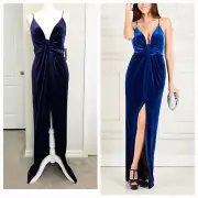 Aidan Mattox Blue Velvet V-Neck Front Twist Gown Dress Size 10 $300 Formal