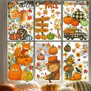 9 Sheets Fall Window Cling Thanksgiving Sticker Decals Decorations Double Side, Scarecrow Hedgehog Maple Leaf Pumpkin Static Stickers for Glass Window Autumn H
